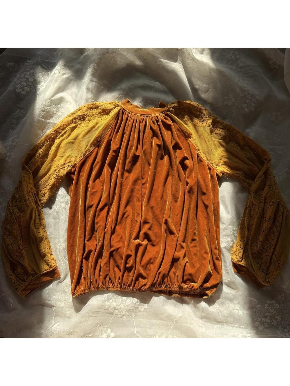 Orange velvet Free People blouse with lace long sleeves and a boho vibe